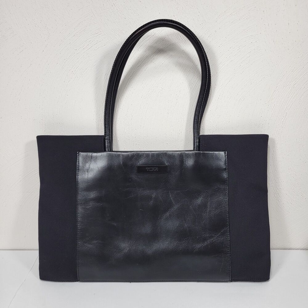 Black Tumi Handbag Purse Leather Nylon Zip Quite Luxury